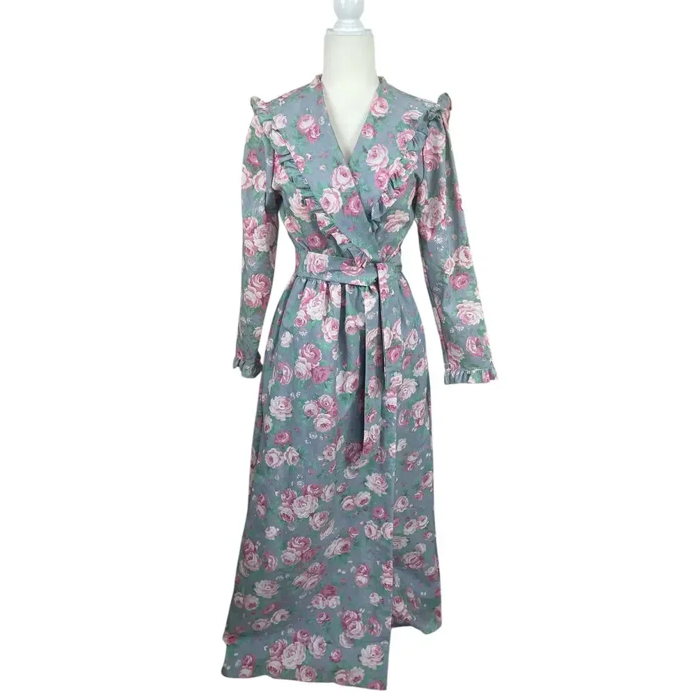 Vintage Komar Floral Robe Housecoat Ruffles Cottage Coquette USA Size Small - Picture 2 of 16